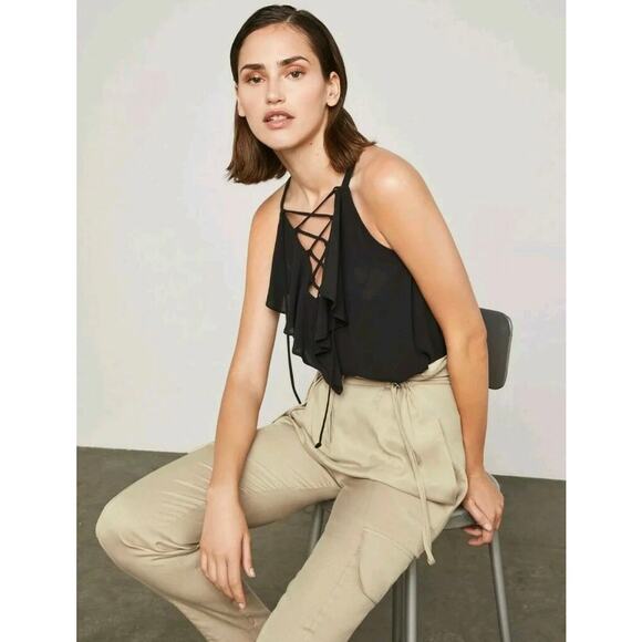 NWT‎ BCBGMAXAZRIA Black Lace-Up Ruffle Halter Top Size XS Sleeveless Blouse - Picture 4 of 11